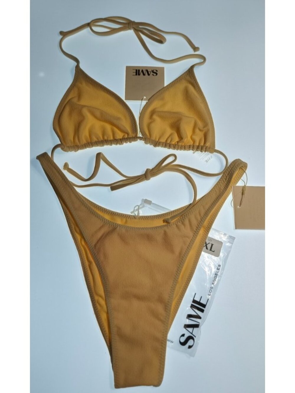 SAME Los Angeles Bikini Set XS Beige Faux Suede Tie Side Triangle NWT
